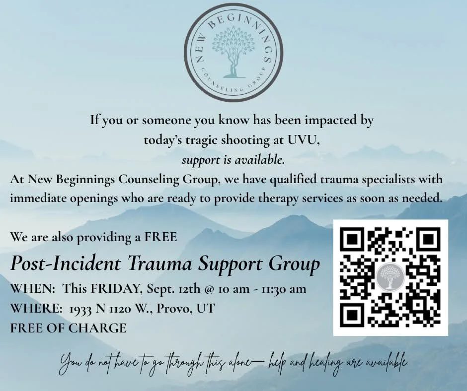 Flyer for a free Post-Incident Trauma Support Group event on September 12th at 1933 N 1120 W in Provo, Utah, organized by New Beginnings Counseling Group, featuring trauma specialists and providing therapy services.