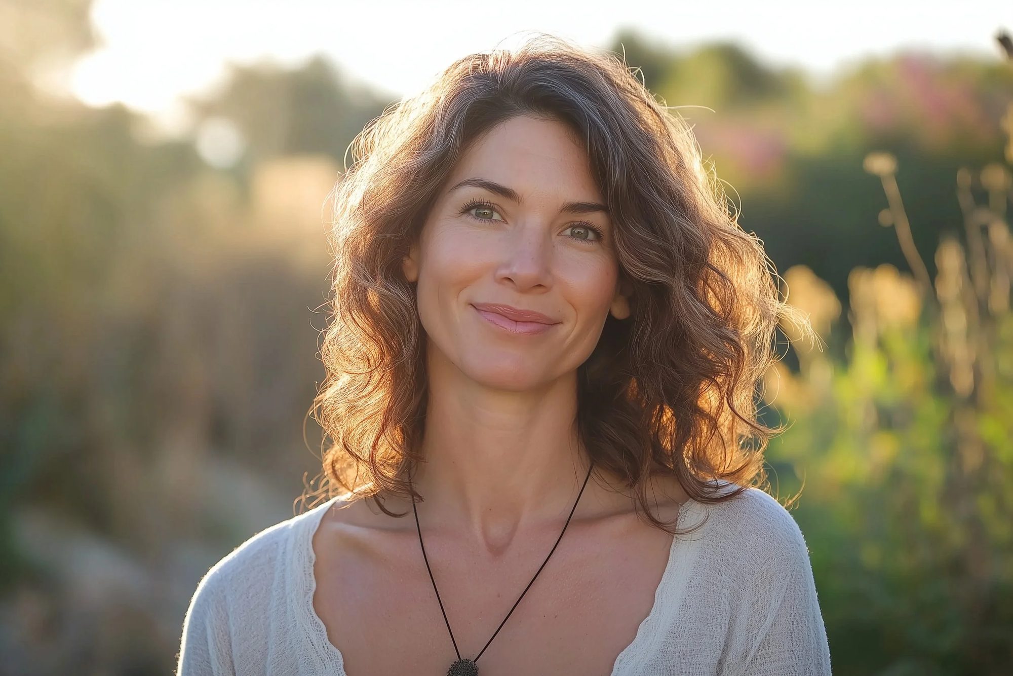 A woman with curly brown hair smiling outdoors during golden hour.