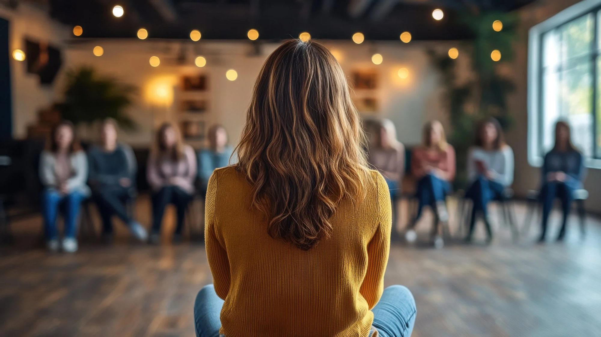 A woman with wavy brown hair wearing a yellow sweater, sitting on the floor facing a group of women in a circle in a well-lit room with string lights and large windows.
