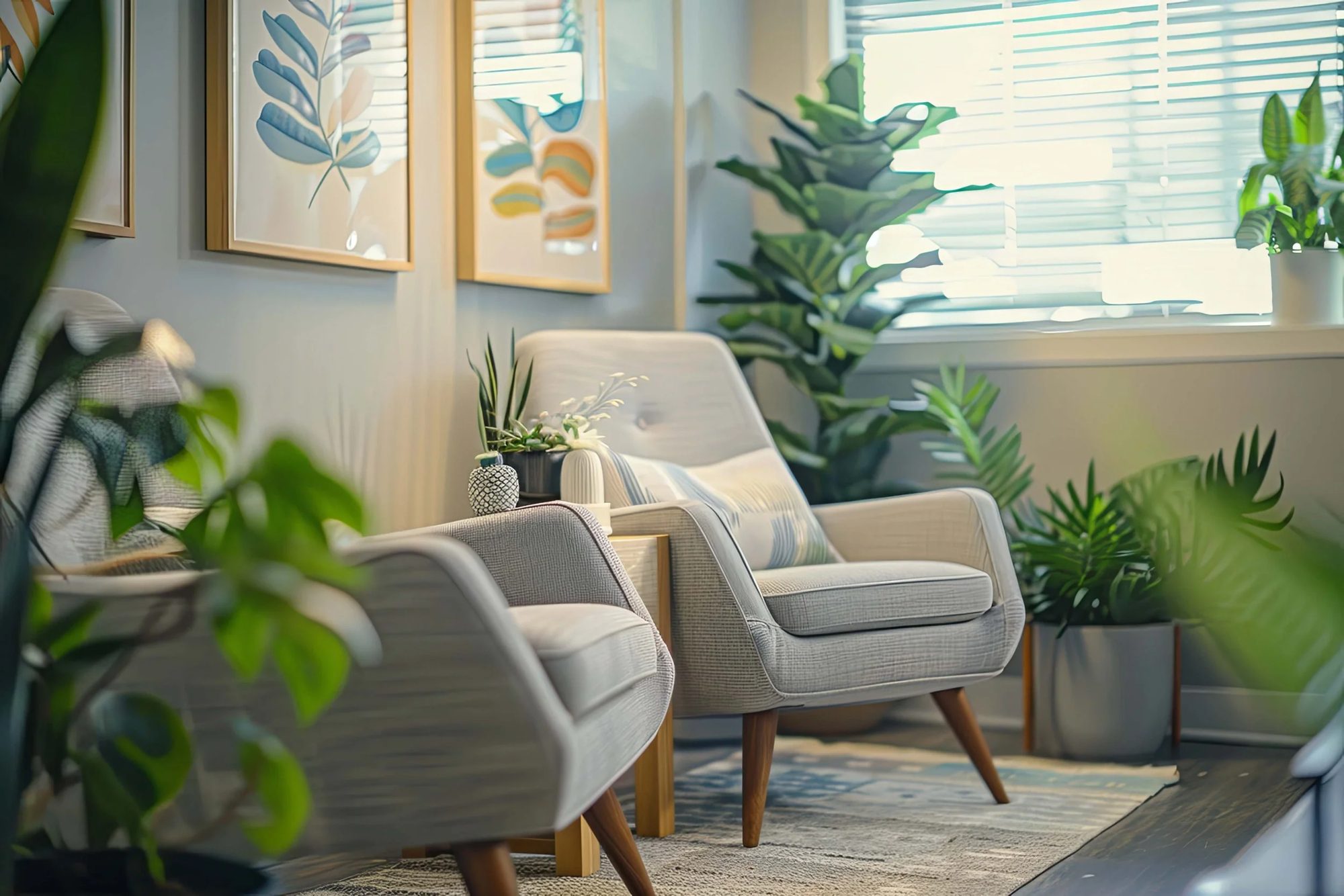 A calm waiting area with two armchairs, plants and large windows at Tangible Therapy in Sandy, Utah