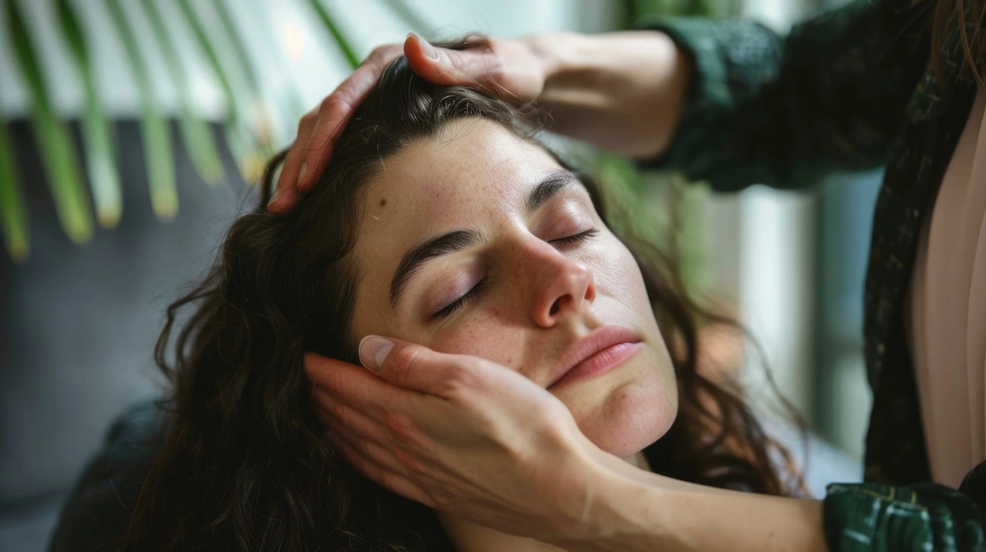 Close-up of a woman with closed eyes receiving a head massage from a therapist, indoors with natural light.