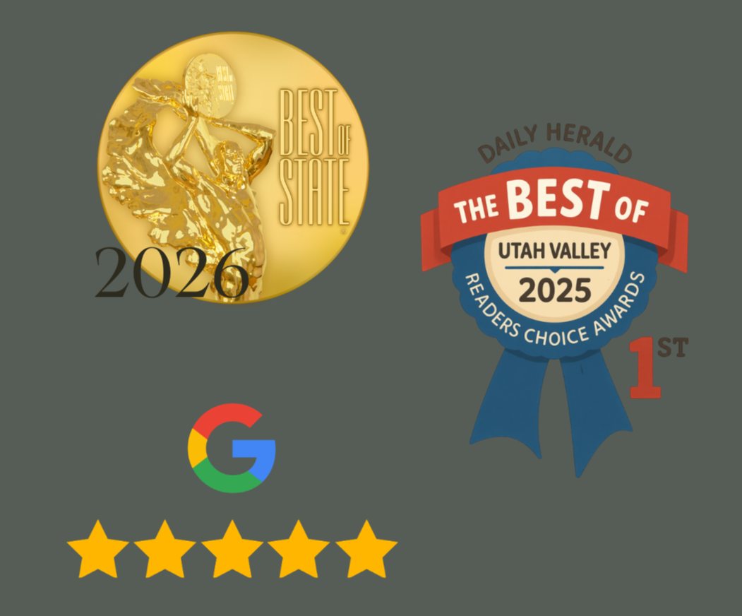 An image depicting Tangible Therapy's Best of state award, their best of utah County award and their top-rated google reviews in utah symbol.