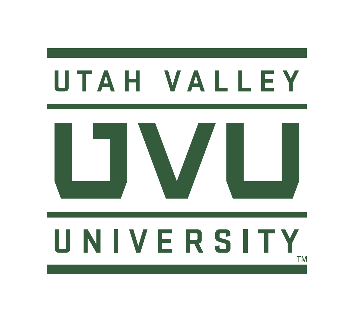 Logo of Utah Valley University featuring the university name in green text with lines above and below.
