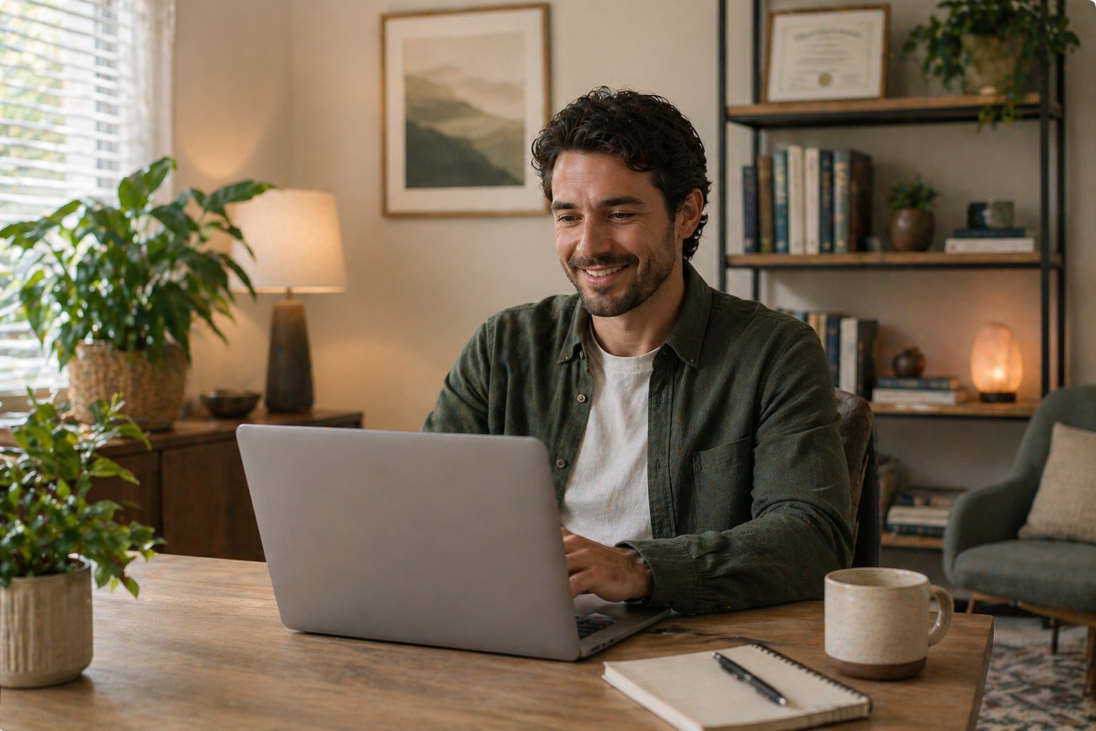 A man smiles during a telehealth therapy session on his laptop with Tangible Therapy in Sandy, Utah