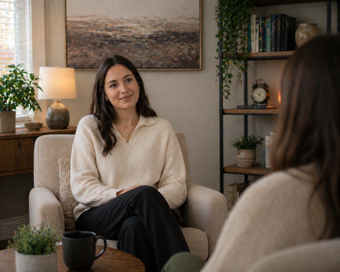 A therapist in a cream sweater listens to a client in a calm, lamp-lit office at Tangible Therapy in Sandy, Utah