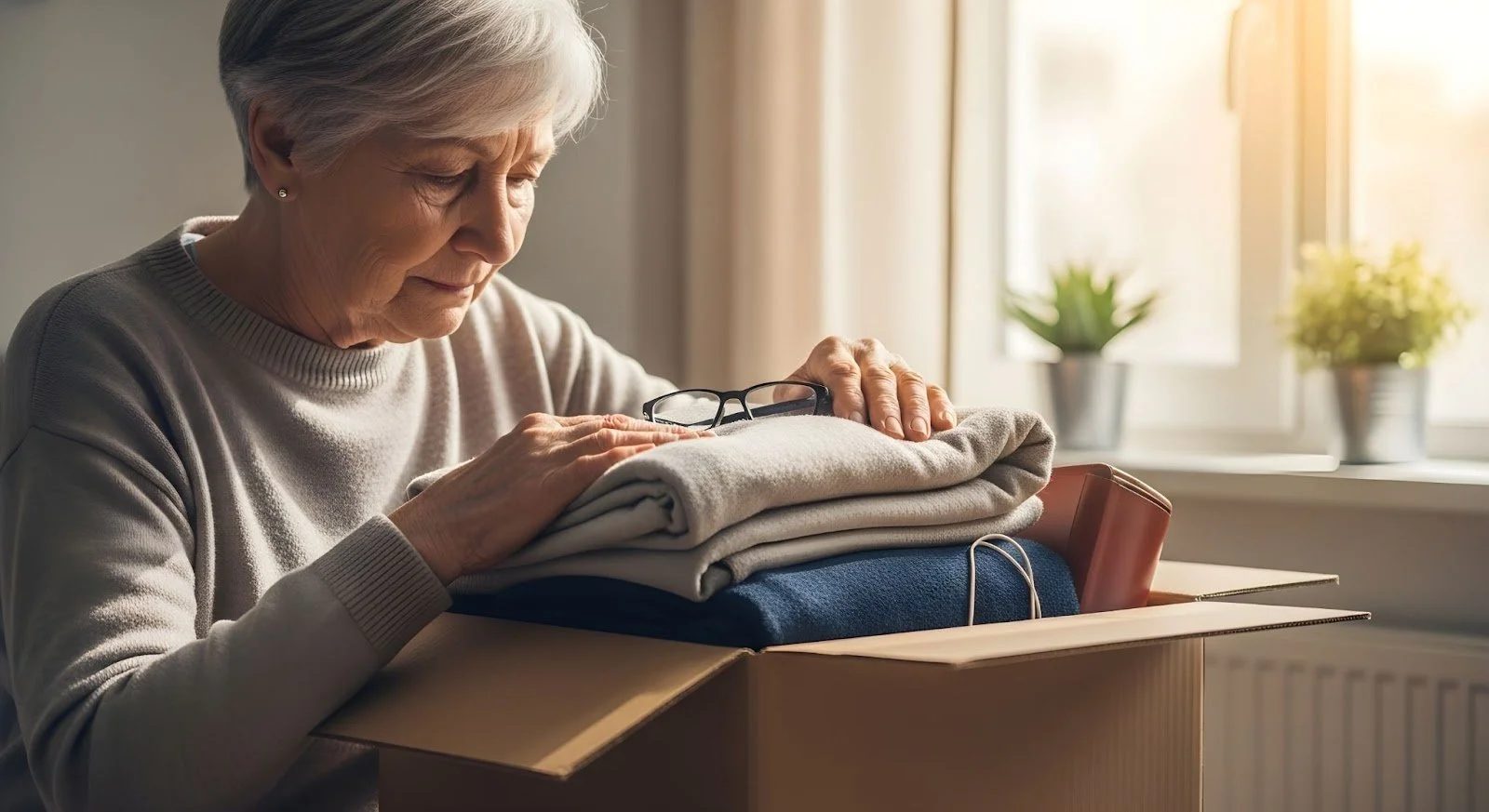 Elderly woman carefully packs folded clothes and a pair of glasses into a cardboard box in a sunlit room, conveying a sense of nostalgia and transition.