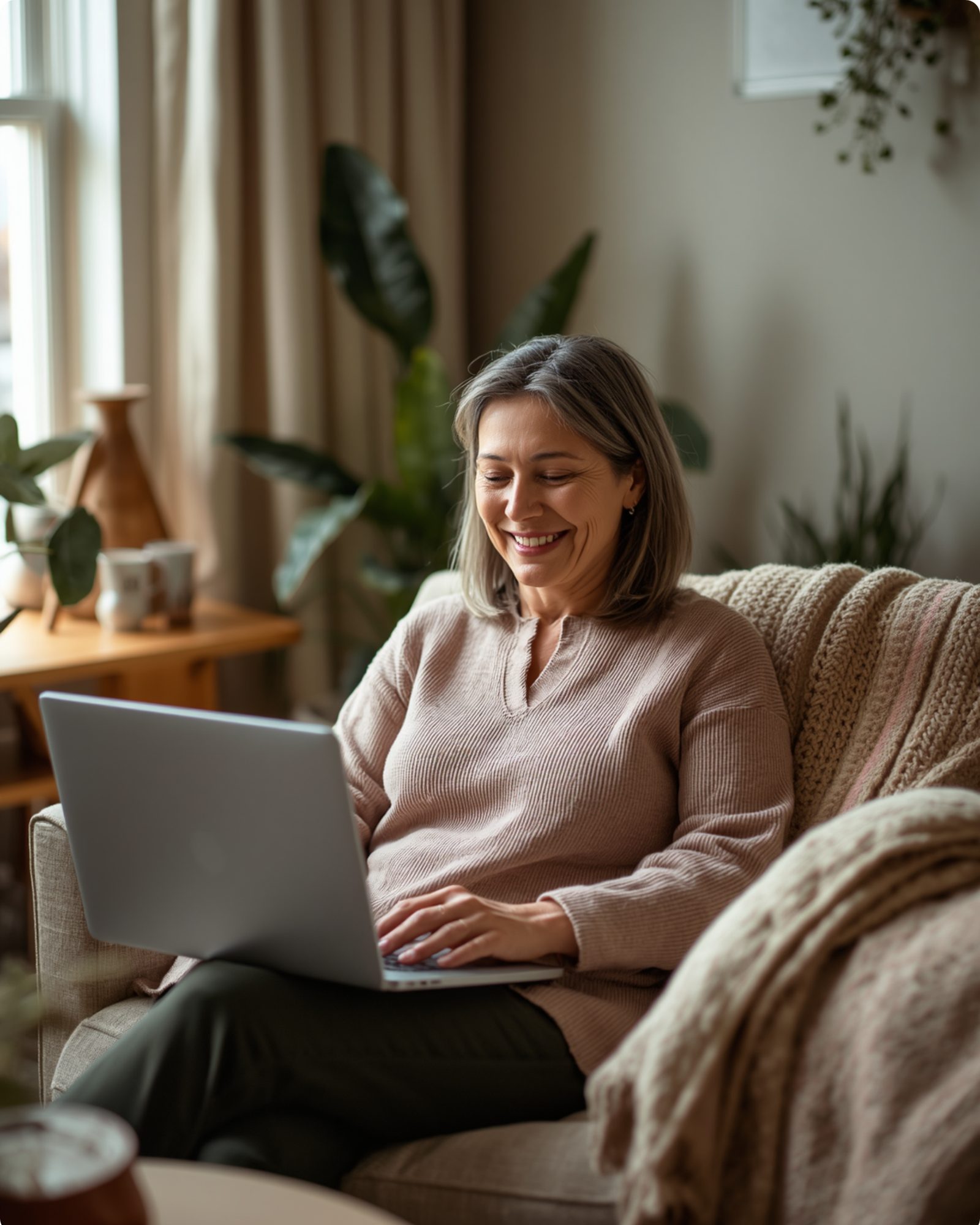 Woman engages in virtual therapy via telehealth sitting on a comfy chair and using a laptop