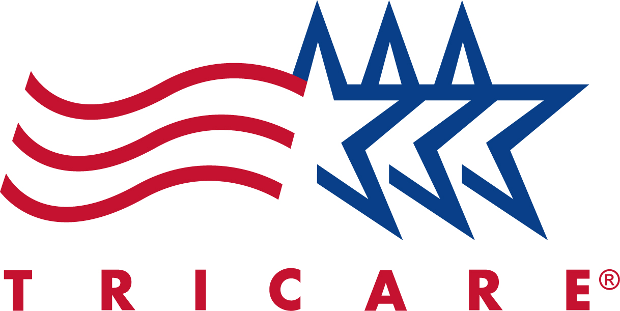 Logo with three red wavy lines on the left and three blue star shapes on the right, with the word 'TRICARE' below under insurances that are in network at Tangible Therapy