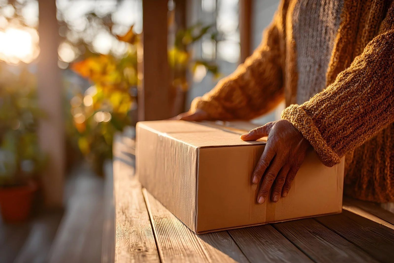 A person, in a cozy brown sweater, places a cardboard box on a wooden table, bathed in warm, golden sunlight. Background features blurred green plants.