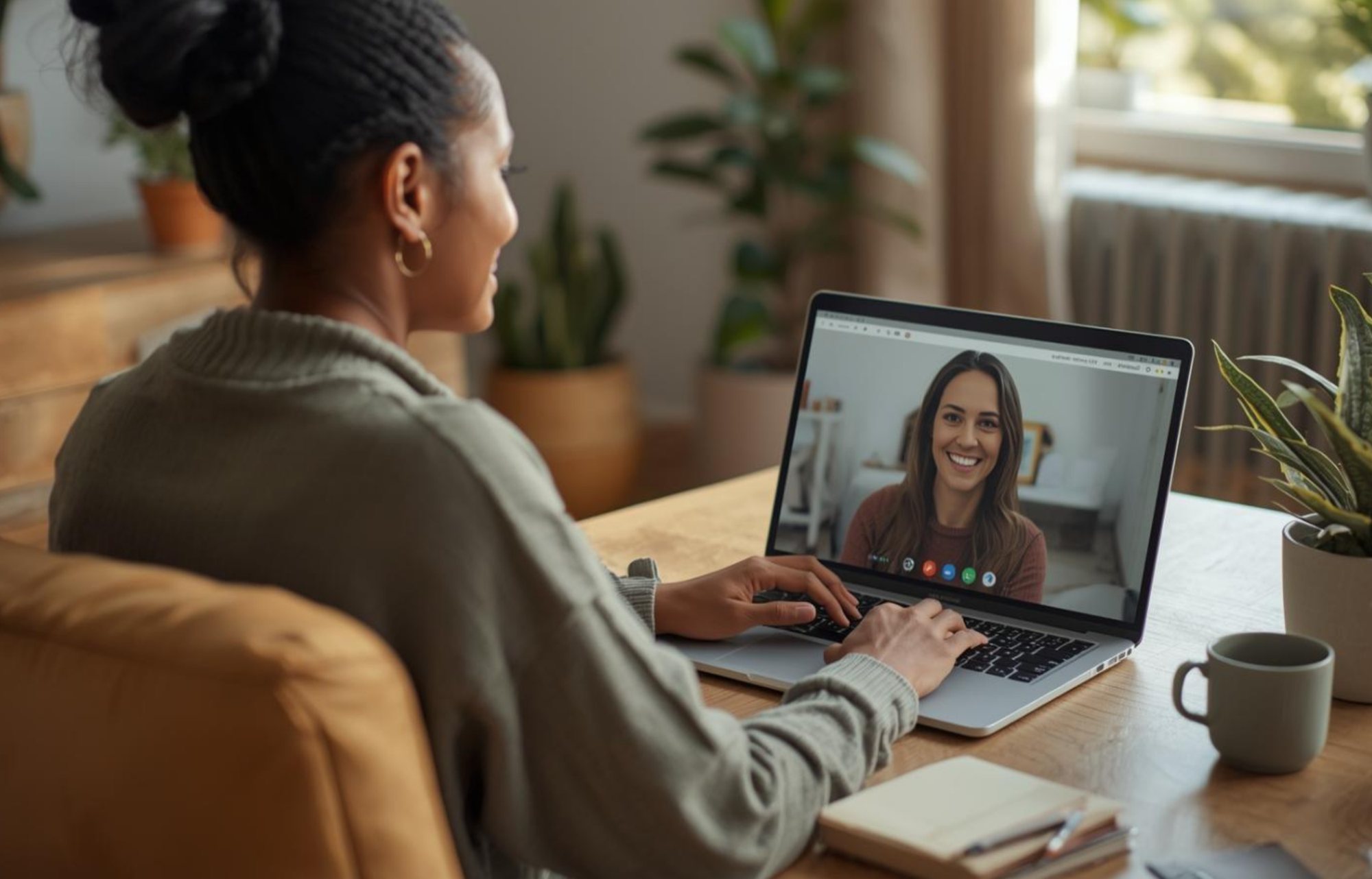 A black female therapist with a green shirt and dark hair sits in front of a computer in an office while doing telehealth therapy with a client at Tangible in Utah. The room is warmly lit and decorated with plants