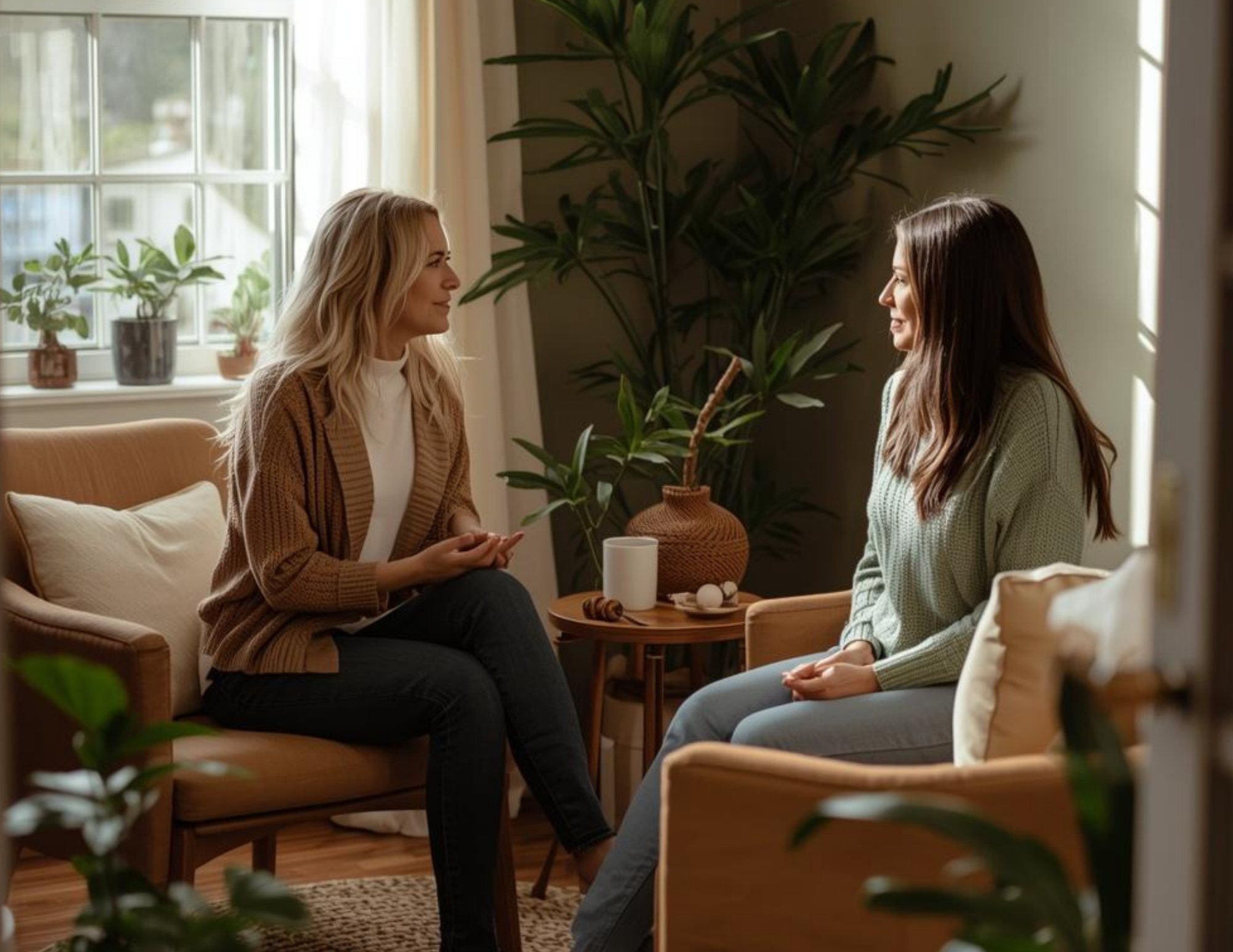 a female therapist in a light shirt at Tangible Therapy. Smiling and sitting across from a woman while they do trauma Therapy.