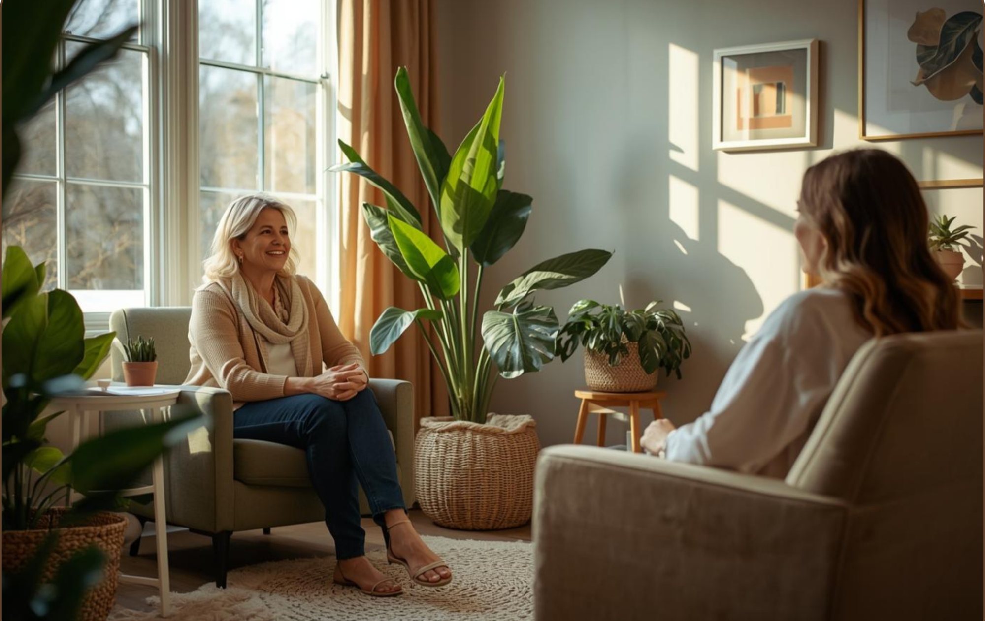 A therapist sits with a client in a warm, plant-filled therapy room at Tangible Therapy in Utah