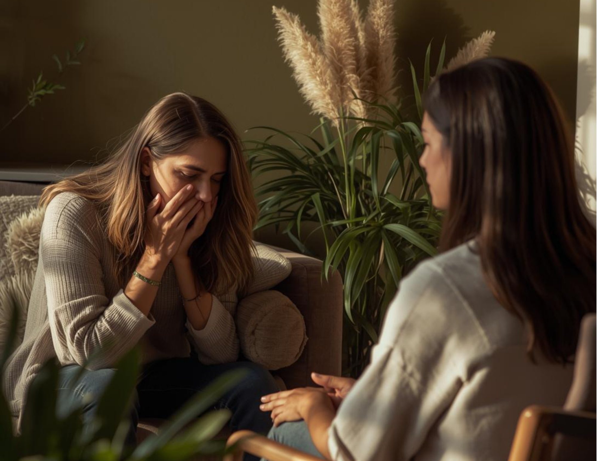 woman in grief sits across from a therapist in a warmly lit therapy office while conducting grief counseling