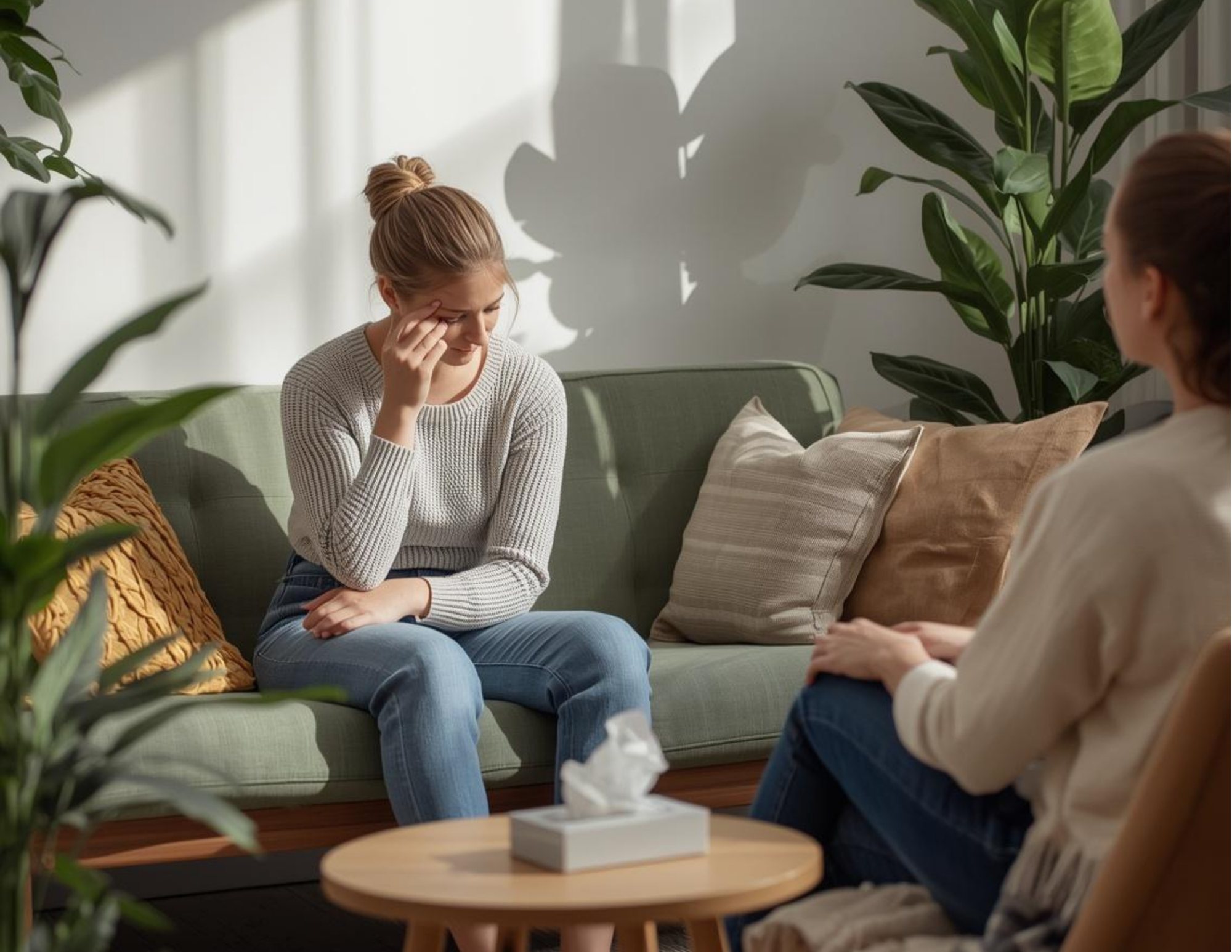 Grieving woman sits across from a female therapist in a warmly lit therapy office while conducting grief counseling at Tangible Therapy in orem Utah