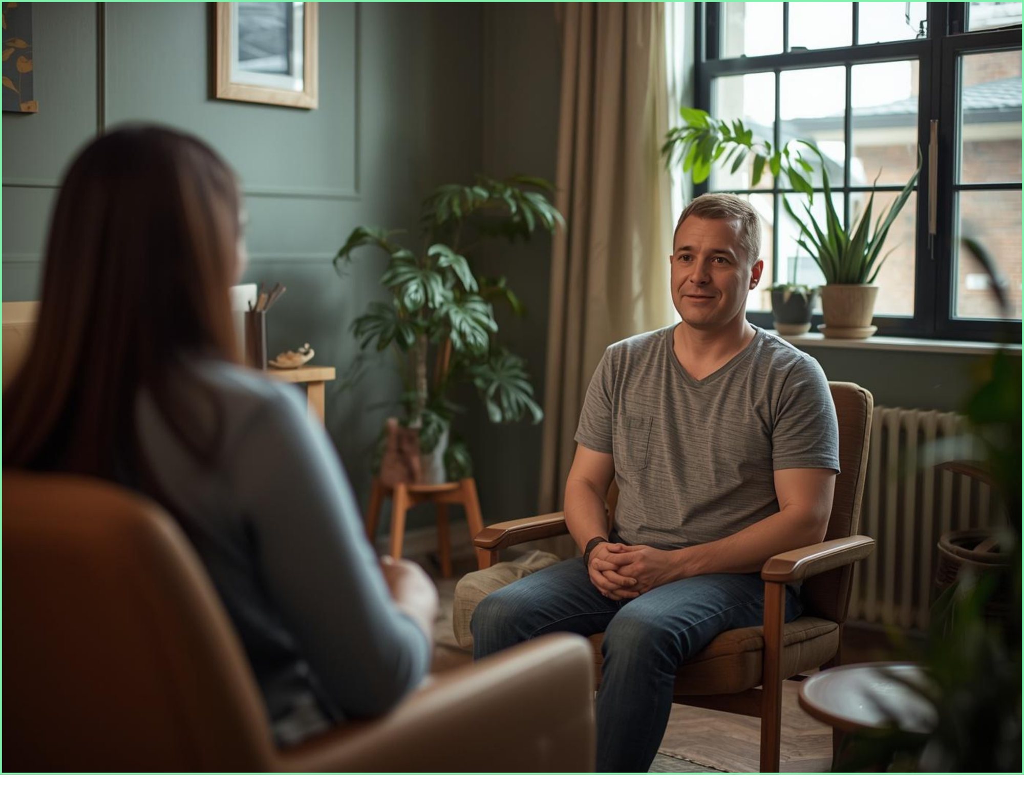 a female trauma therapist sits in a green therapy office in Utah. sitting across from a man while they do Therapy.