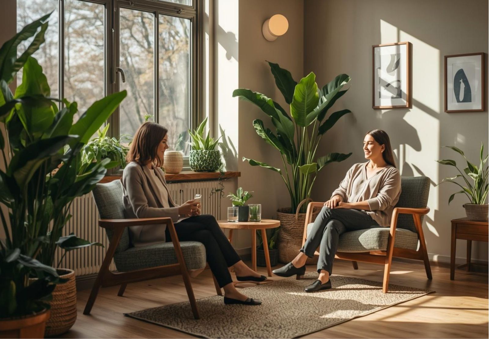 A therapist and a client meeting in a warm therapy office at Tangible Therapy doing therapy for a faith transition.