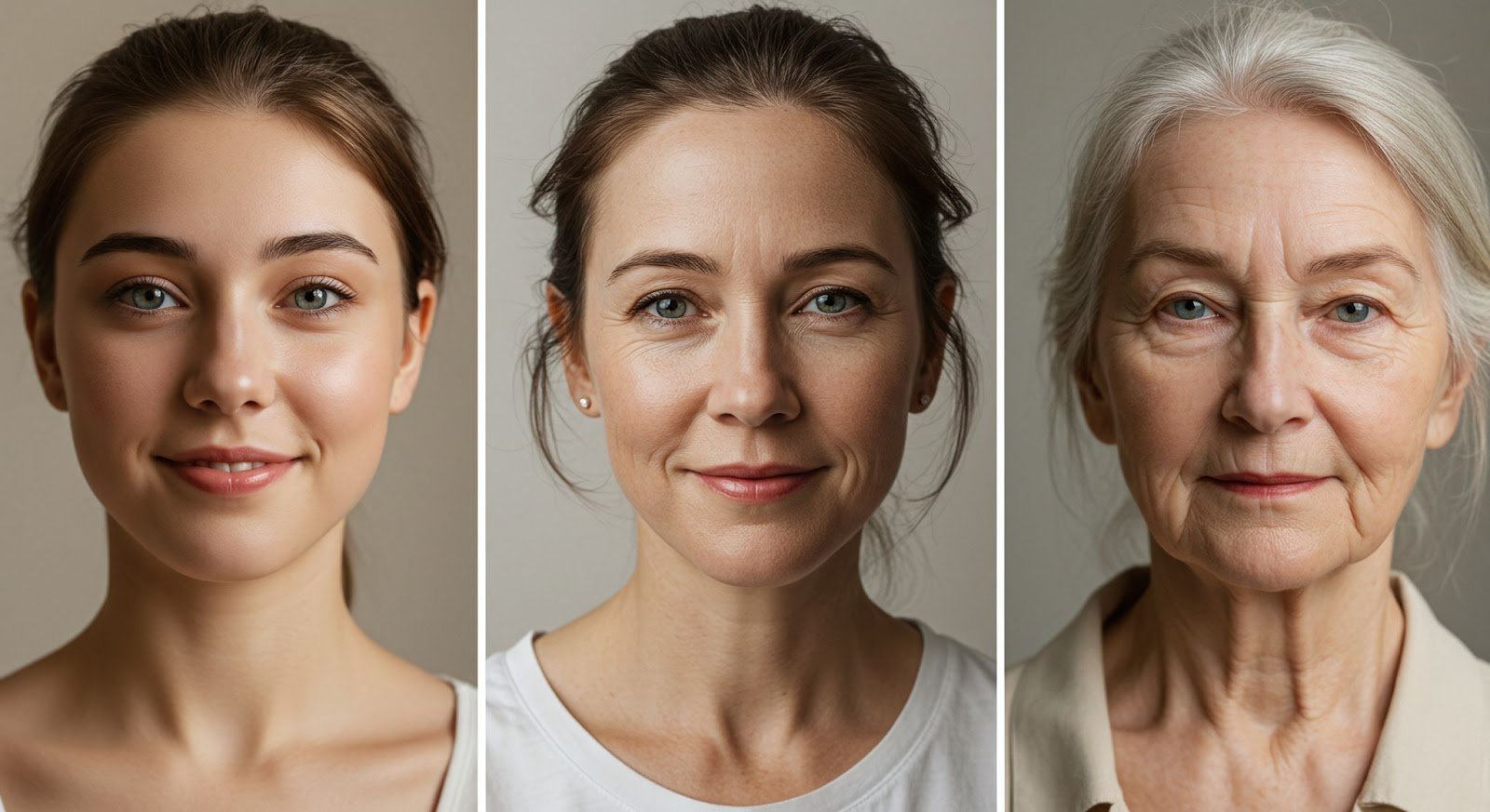 A triptych of three women at different life stages: young woman smiling, middle-aged woman subtly smiling, elderly woman with a serene expression.