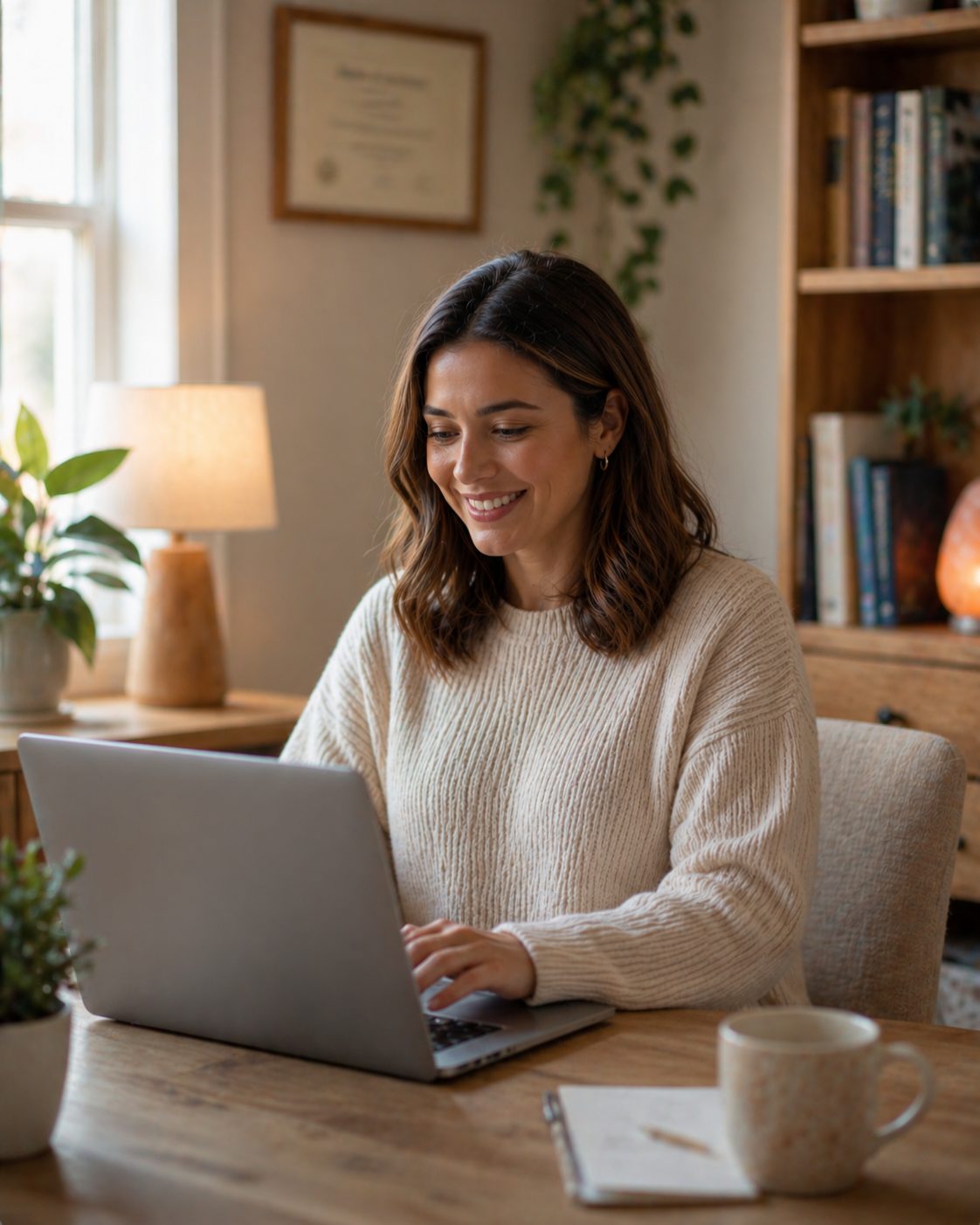 A woman with a tan shirt and dark hair sits in front of a computer in an office while doing telehealth therapy at Tangible in Orem, Provo and Sandy Utah. The room is warmly lit and decorated with plants